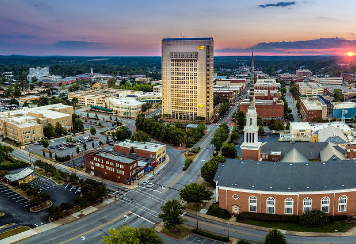 View of Spartanburg from the top with sunset in the back